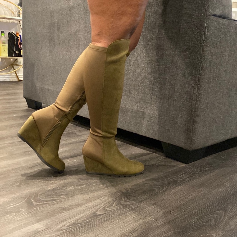 Women's Olive Green Wedge Knee-High Boots